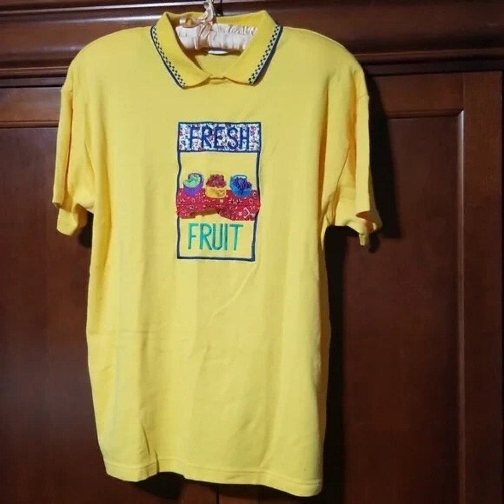 Karen Scott Vintage Top Womens Large Yellow Embroidered Farm Fresh Fruit Grandma